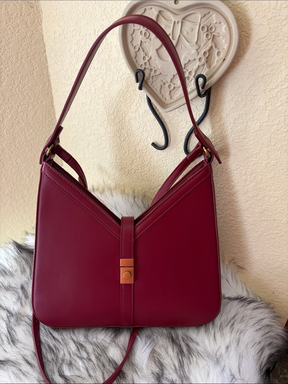 Miztique Deep Burgundy Leather Shoulder Bag with Gold Hardware